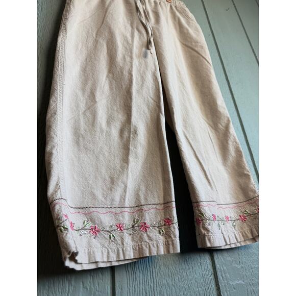 Vintage 90s Embroidered Cotton Pants M Beige Crop Pants with Floral Hem - Picture 1 of 8